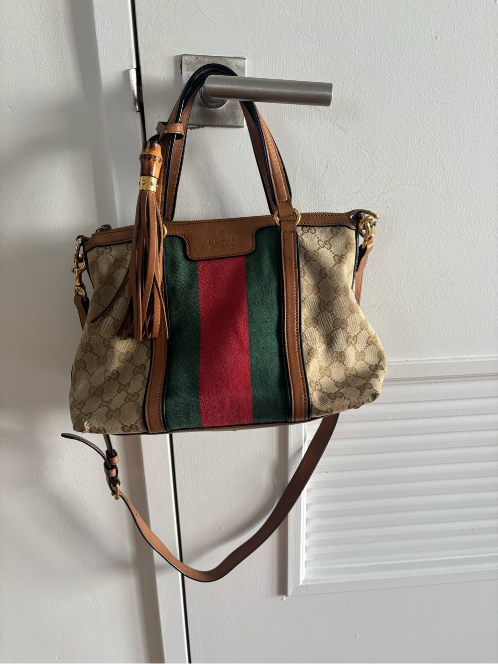 Gucci Rania Beige Monogram Satchel with Green and Red Stripe and Bamboo Tassell